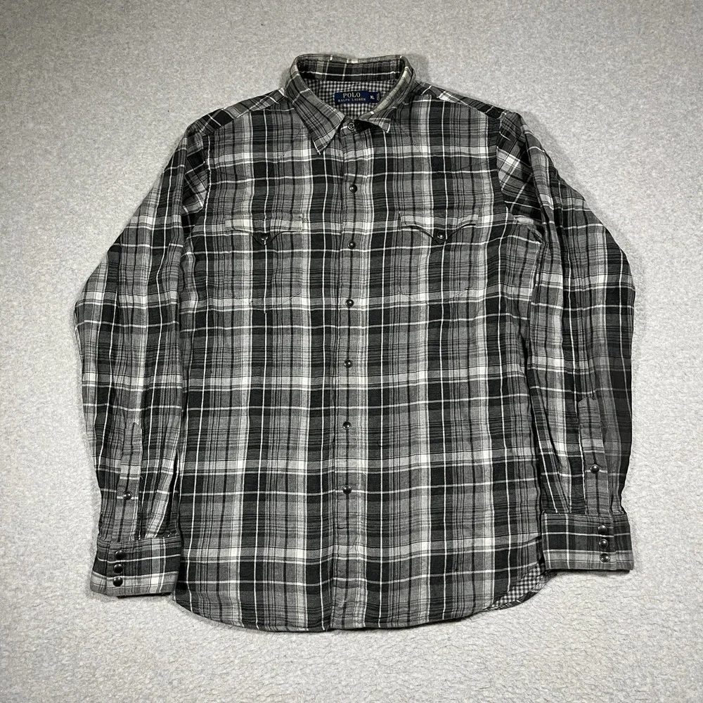 Polo Ralph Lauren Shirt Mens XL Gray Flannel Pearl Snap Western Plaid Cotton LS